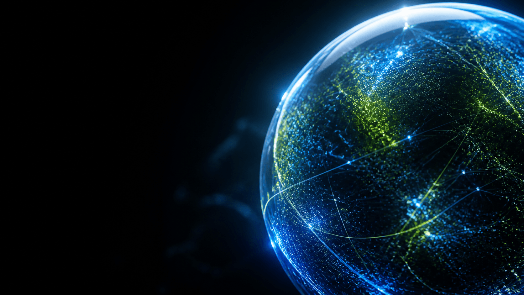 A luminous commerce intelligence network formed inside a glass sphere